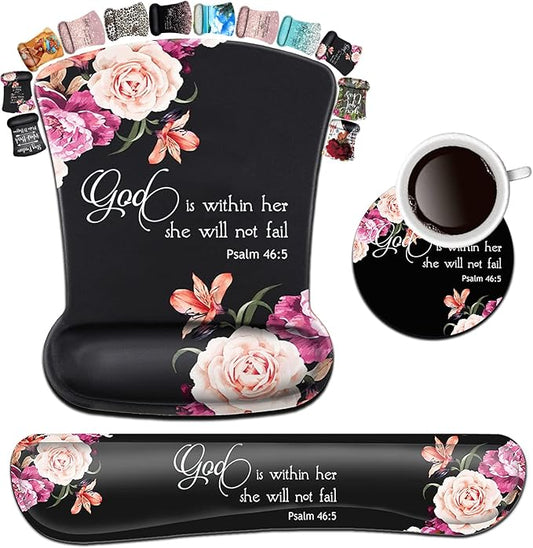 Keyboard Wrist Rest Pad and Ergonomic Mouse Pad Wrist Support Set Psalm 46:5 God is Within Her, She Will Not Fall Peony Flower for Gaming , Office, Comfortable and Pain Relief with Coaster Set