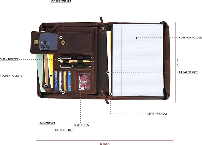 Leather Portfolio for Men, Portfolio Organizer with Zipper for Men Women, Leather Padfolios Business Resume Legal Pad Notebook Binder for A4/Pad (Brown)