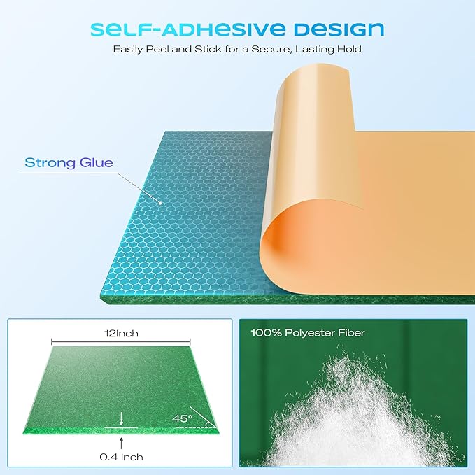 12 Pack Self-Adhesive Acoustic Panels, 12" X 12" X 0.4" High-Density Sound Proof Foam Panels for Walls, Soundproof Wall Panels for Home & Office (Green)