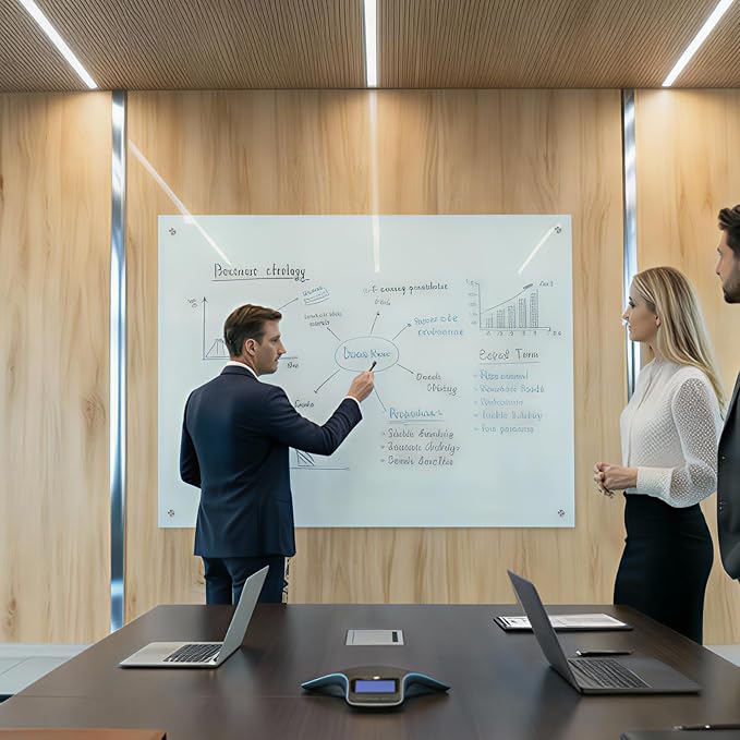 Glass Whiteboard 36" x 24", Frameless Wall Mounted Dry Erase Board with Tempered Glass Surface, Steel-Backed Magnetic Support, Tray, Eraser, Markers & Magnets for Office, School, Home