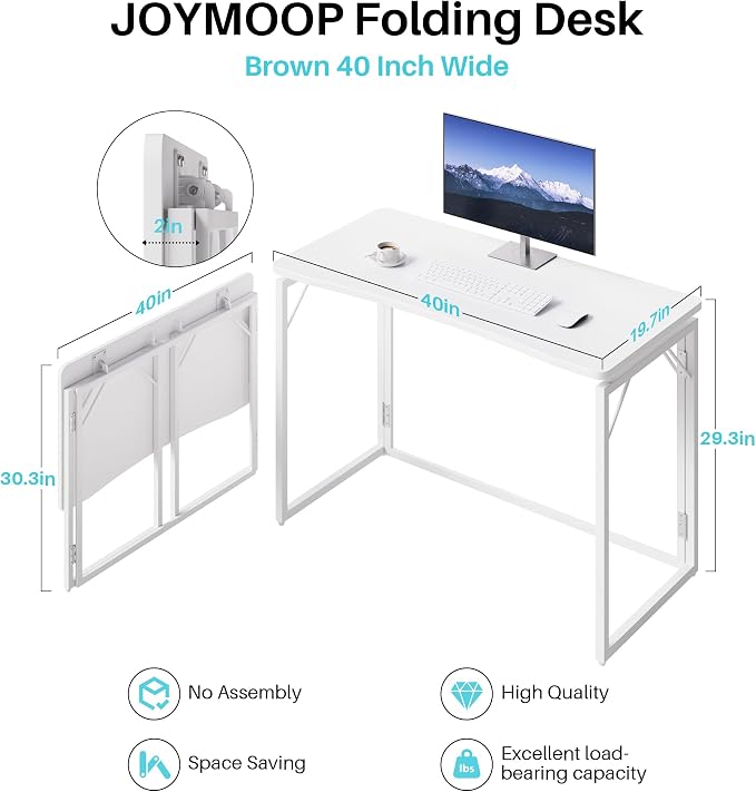 JOYMOOP White Folding Desk - 40", No Assembly Middle Size Foldable Desk for Home, Office, Wooden Top Folding Computer Desk for Working, Writing, Studying