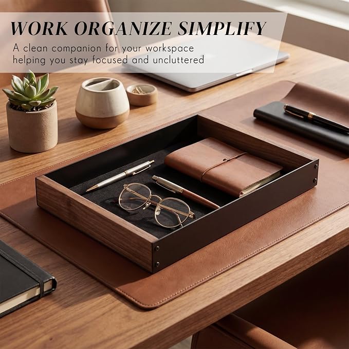 2 Pack Desk Drawer Organizer, Valet Tray for Men, Nightstand Tray Acacia Wooden and Metal Entryway Bedside Dump Holder Accessories for Wallets, Keys, Watches, Phones, Loose Change, Trinkets