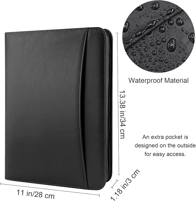 VANRA Zippered Padfolio for Men Leather Portfolio for Women Binder Organizer Interview Resume Folder for Papers Document Holder Planner Binder A4 Letter Size with Notepad, Black