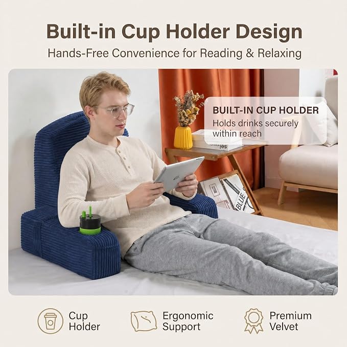 Reading Pillow for Adults, Back Pillow for Bed Sitting Up, Backrest Pillow for Sitting in Bed, Detachable Arms with Built-in Cup & Phone Caddy (Dark Navy-Corduroy, 19 INCH)