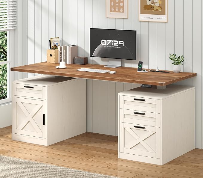 YOMILUVE 60" Farmhouse Electric Standing Desk with Drawers for Home Office | Height Adjustable Computer Desk with 4 Drawers & Storage Shelves, Wood Sit Stand Desk with Power Outlets for Work, Study