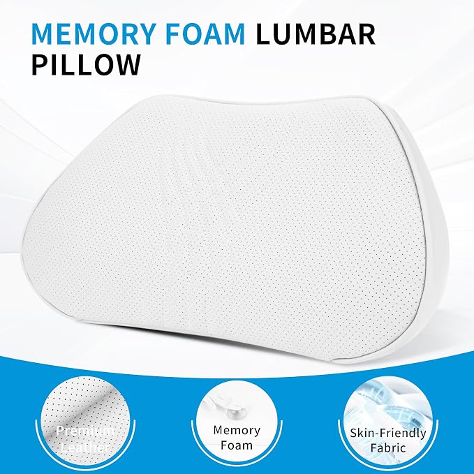 Lumbar Support Pillow for Car Seat, Office Chair, Off-White, 1PC | Leather Lumbar Pillow Memory Foam Lower Back Cushion for Back Pain Relief Improve Posture, Ergonomic Back Rest Gaming Chair