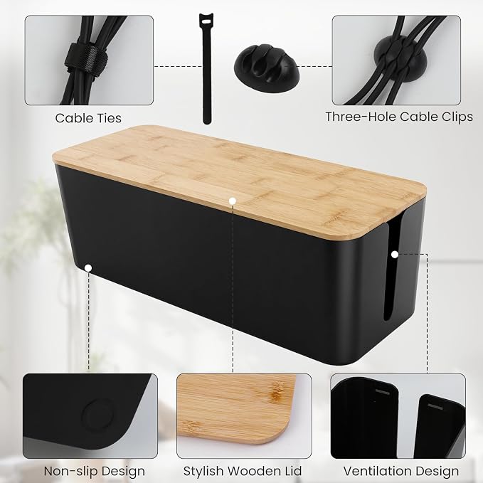 2 Pack Cable Management Box - Cord Organizer Box with Wooden Lid for TV Wires, Power Strips, Router, USB Hub & Under Desk Power: Baby & Pet Proof Cord Management, Cord Hider for Home & Office(Black)
