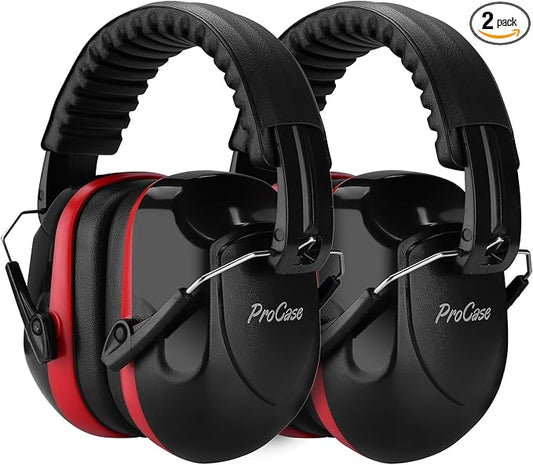ProCase NRR 28dB Noise Reduction Ear Muffs, Foldable Adjustable Passive Noise Cancelling Headphones for Adults Kids Autism, Hearing Protection for Shooting, Construction, Mowing -2 Packs, Red