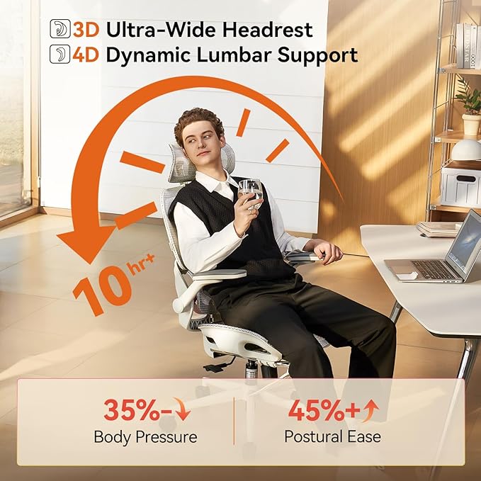 SIHOO B100 PRO Ergonomic Office Chair with Footrest, Mesh Office Chair with Adaptive Lumbar Support, Computer Chair with Wide Headrest, Desk Chair with Flip-Up Armrests, 2 Packs, Light Grey