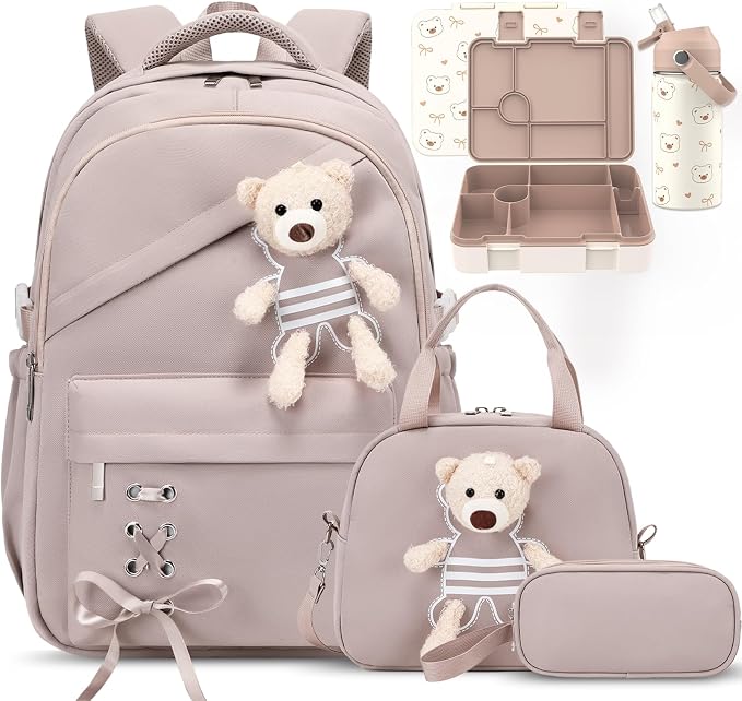 ACESAK Girls Backpack for School Set - 5 PCS Cute Girls Backpack with Lunch Box, Pencil Case, Bento Box & Insulated Water Bottle - Kawaii Casual Kids Bookbag Set Back to School Supplies (Khaki)