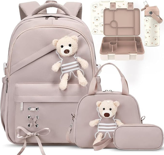 ACESAK Girls Backpack for School Set - 5 PCS Cute Girls Backpack with Lunch Box, Pencil Case, Bento Box & Insulated Water Bottle - Kawaii Casual Kids Bookbag Set Back to School Supplies (Khaki)