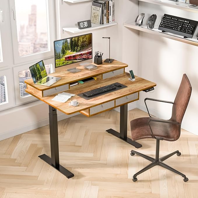 Kingant Electric Standing Desk with 4 Drawers,USB Charging Ports 48"x 30" | Ergonomic Height Adjustable Large Workstation, Heavy-Duty Sit Stand Up Desk For Home Office Daily Work,Light Rustic Brown