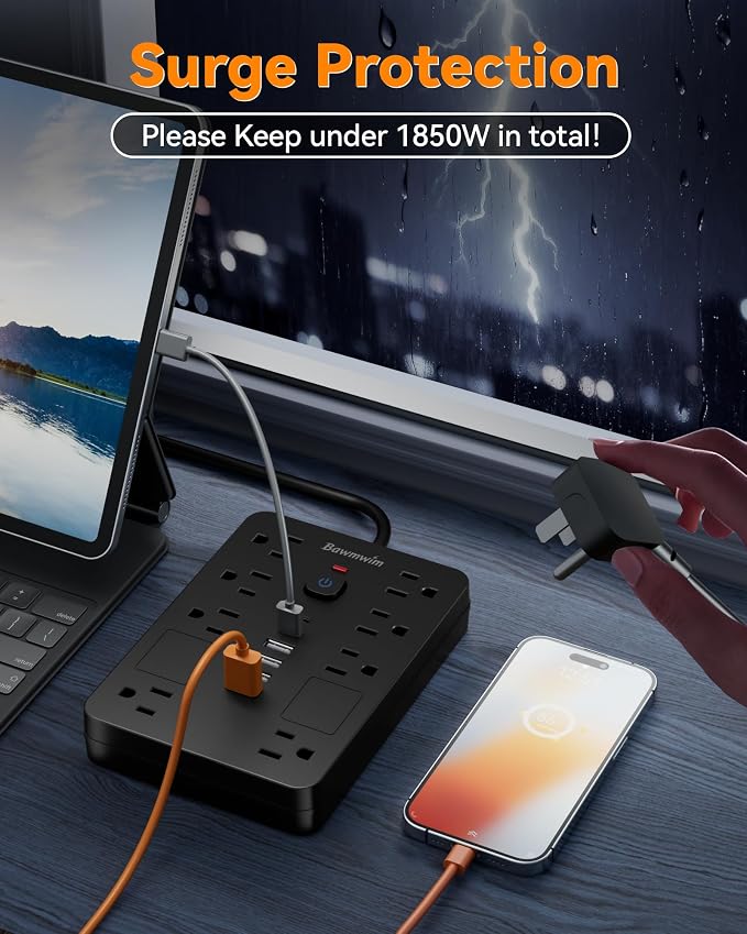 Surge Protector Power Strip - 11 Outlets(1850W/15A/14AWG) with 6 USB Ports(2 USB C), 6/14FT Flat Plug Extension Cord, Wall Mount, Black, ETL Listed for Home, Dorm Room