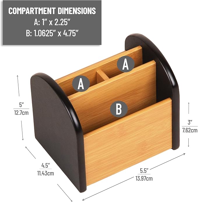 Mind Reader Desktop Organizer with 3 Compartments, Natural Wood and Matte Finish Sides, Compact Desk Storage, Wood, Black