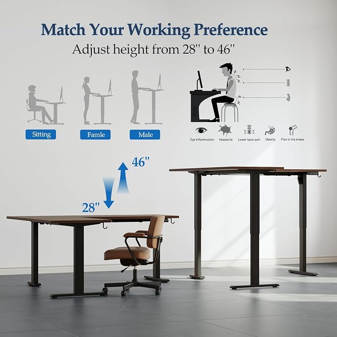 Klicelor L Shaped Standing Desk 75 x 61 Inch, Electric Height Adjustable Corner Desk for Home Office Workstation, Ergonomic Sit Stand Computer Table with Memory Controller, Dark Walnut
