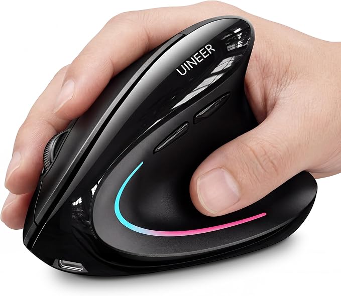 Uineer Wireless Ergonomic Mouse, Wireless Bluetooth Rechargeable Vertical Mouse, 7 Color LED, 4 DPI Adjustable, USB-A Receiver, Wrist Strain Relief,Optical Mice for Computer/PC/Laptop, Black (Black)