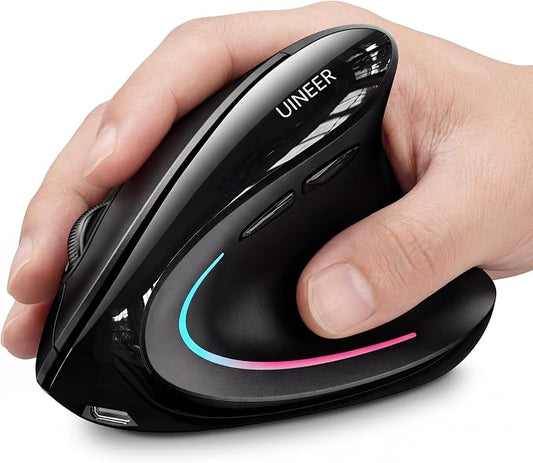 Uineer Wireless Ergonomic Mouse, Wireless Bluetooth Rechargeable Vertical Mouse, 7 Color LED, 4 DPI Adjustable, USB-A Receiver, Wrist Strain Relief,Optical Mice for Computer/PC/Laptop, Black (Black)