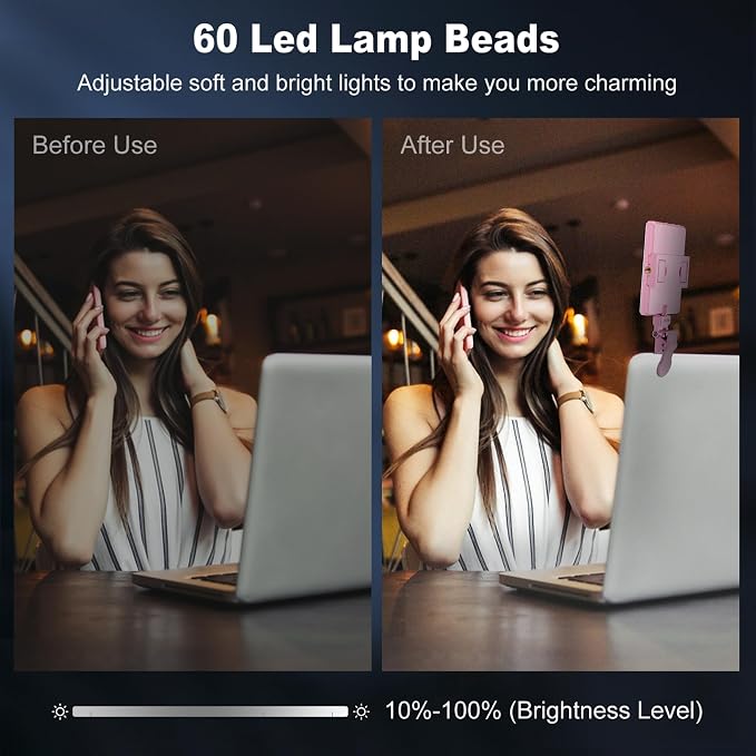 Selfie Light, Phone Light with Front & Back Clip, 60 LED Portable Light with 3 Modes, 5000mAh Rechargeable Video Light for Phone, iPhone, IPad, Laptop, TikTok, Makeup, Lighting Monolights(Pink)