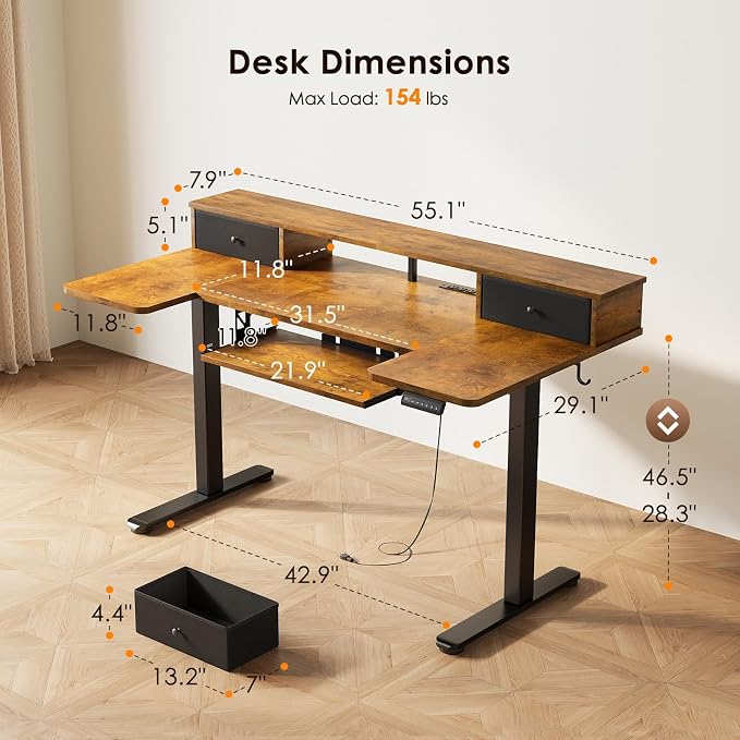 OffiGo U Shaped Electric Standing Desk with Drawers, 55 Inch Height Adjustable Desk with Keyboard Tray ＆ Ergonomic Monitor Stand, Sit Stand Table with Power Outlets for Home, Office, Rustic Brown