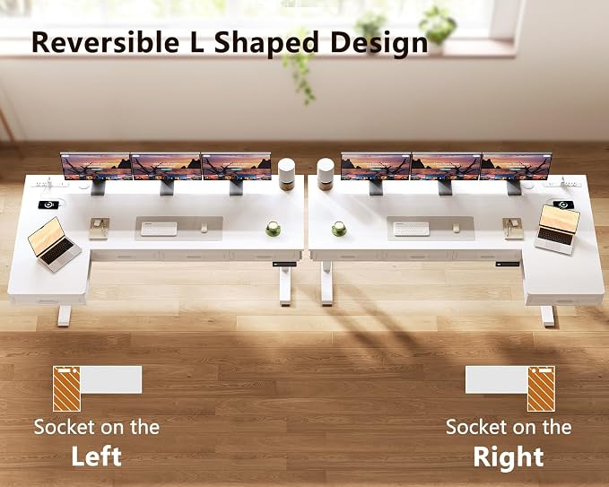 OffiGo L Shaped Electric Standing Desk with Wooden Drawers, 63 Inch Height Adjustable Corner Workstation with Power Outlets, Sit Stand Table for Home, Office, White