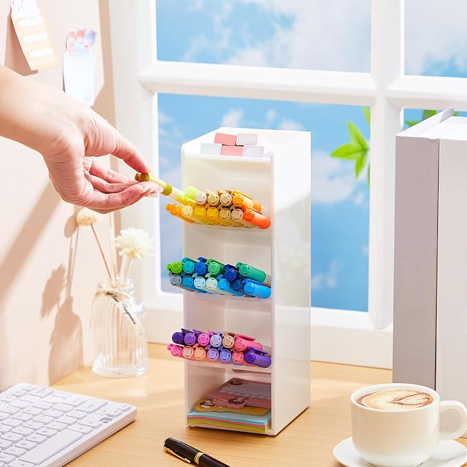 MotiMind Acrylic Pen Organizer Storage for 50 Markers Vertical Marker Organizer Acrylic Pen Display Holder for Office Desk Desktop Stationery Pencil Storage, White, 3.4 x 4 x 10.2 Inch