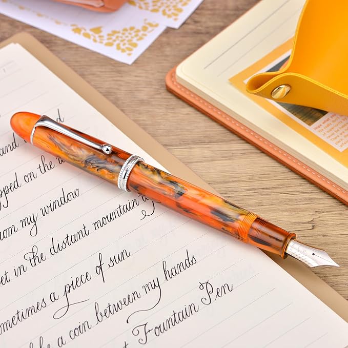 Asvine V800 Fountain Pen – Vacuum Filling System with Large Ink Capacity – Smooth Number 8 Medium Nib with Gift Case and Wrench- Amber Acrylic