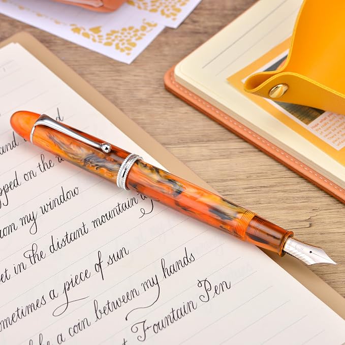 Asvine V800 Fountain Pen – Vacuum Filling System with Large Ink Capacity – Smooth Number 8 Extra Fine Nib with Gift Case and Wrench- Amber Acrylic