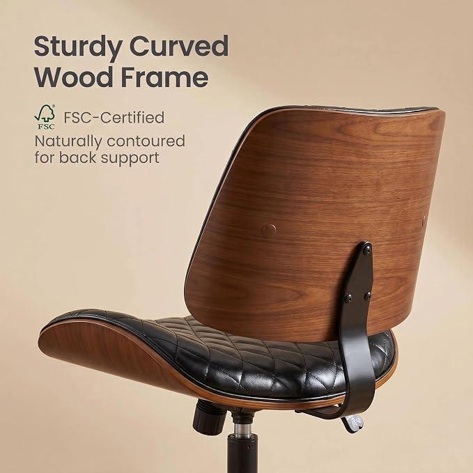 Furnimart Wooden Armless Desk Chair with Wheels, 360° Swivel Faux Leather Vanity Chair for Bedroom, Small Office Computer Task Chair for Home & Compact Spaces (PU Black)