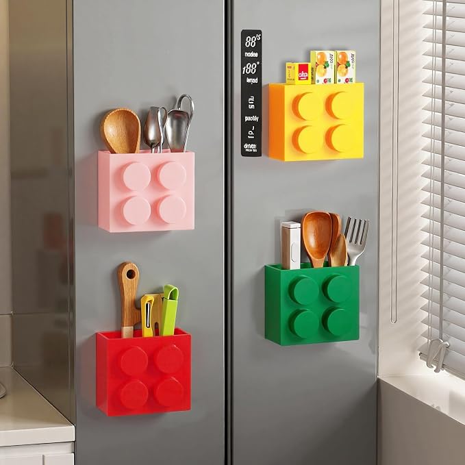 Magnetic Basket Organizer for Fridge - Lego-Style ABS Plastic Storage Box,No Drill Design for Kitchen Counter, Microwave & Whiteboard, Holds Up to 3.5 lbs(Pink)