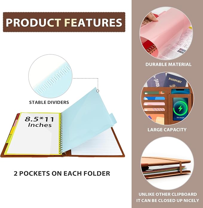 Ospelelf Clipboard with Storage for Men Women, Leather Padfolio Portfolio Organizer 5 Folders with 10 Pockets, Spiral Clipboard Folio with Notepad for Letter Size, Elastic Closure and Pen Loop Brown
