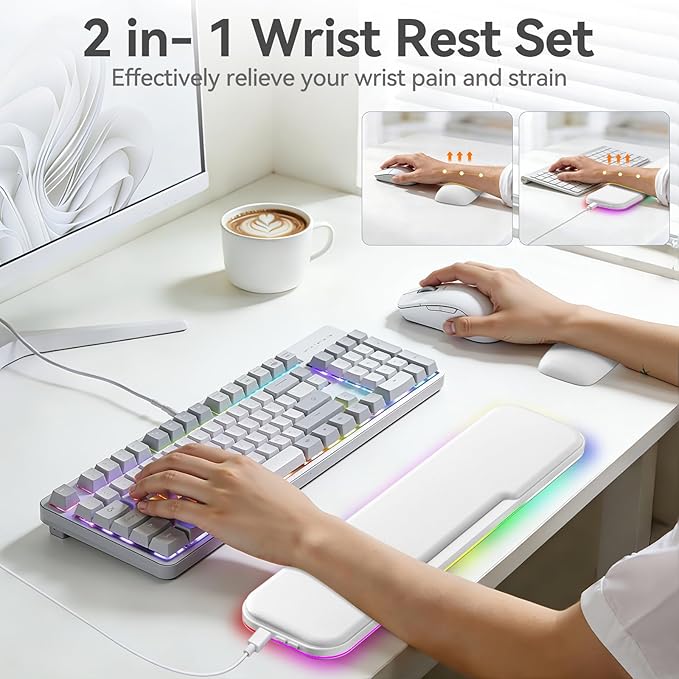 2-in-1 Heated Wrist Rest Set, Ergonomic Memory Wrist Pad with RGB Lights and Non-Slip Base, Keyboard Mouse Wrist Rest for Computer Laptop Office Work and PC Gaming
