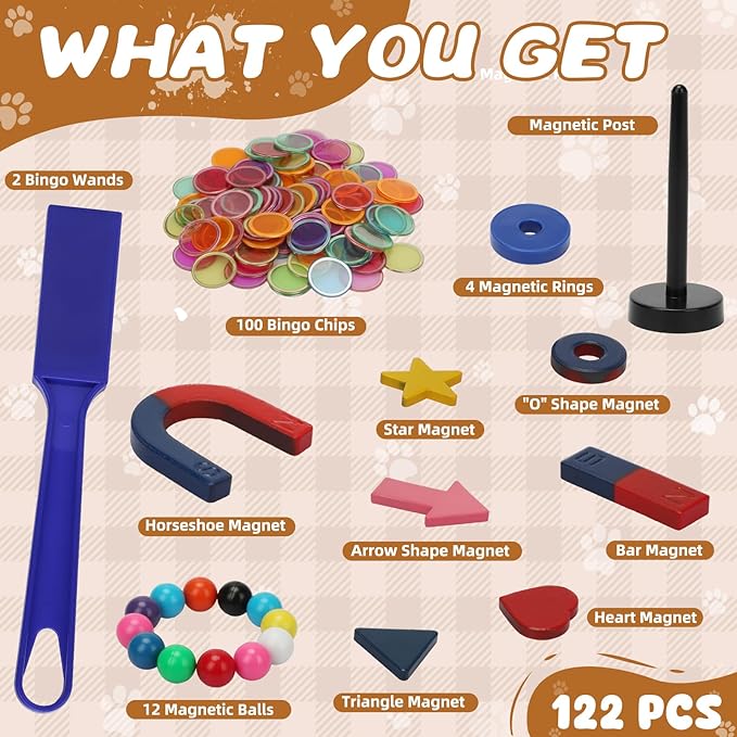 122 PCS Magnetic Science Kit for Kids - Magnetic Balls, Bingo Wands with Chips, DIY Magnet Toys for Kindergartners, Back to School Supplies, Educational Learning Activities for Classroom