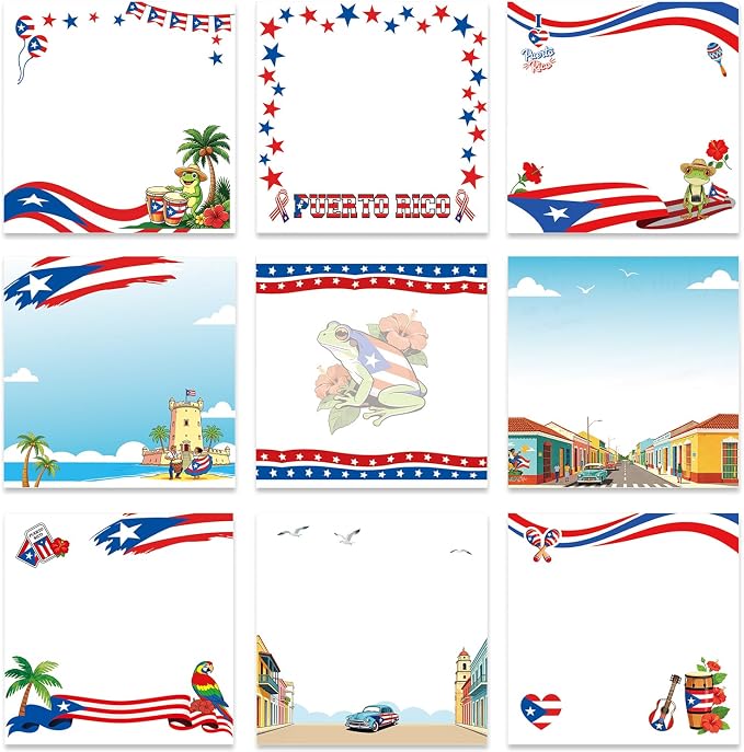 Puerto Rico Sticky Notes Gifts, 9 Pack Puerto Rico Notepads 3x3 Inches, Puerto Rican Self-Adhesive Memo Pads, PR Office Study Supplies Gift Rewards (450 Sheets)