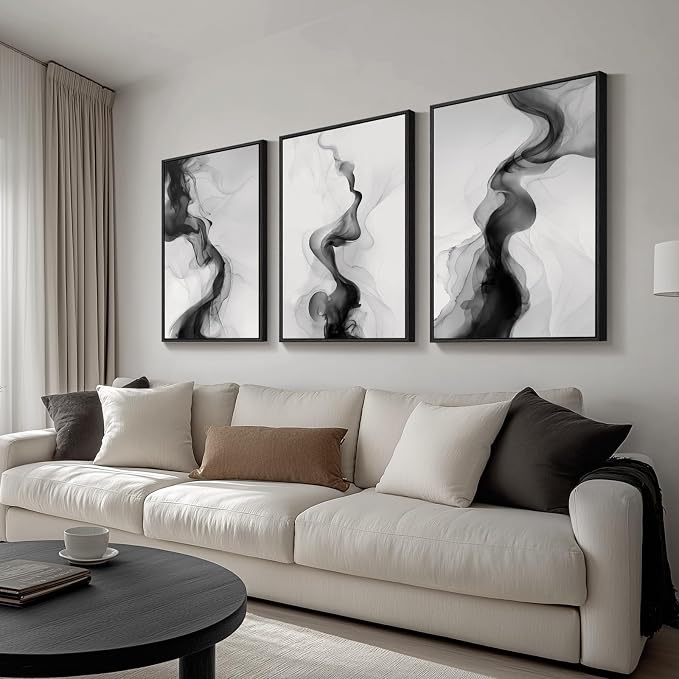 Large Framed Black and White Abstract Wall Art for Living Room, Set of 3 Modern Canvas Prints Paintings Artwork for Walls -Minimalist Pictures for Hallway, Bedroom, Office Wall Decor 24x36 In