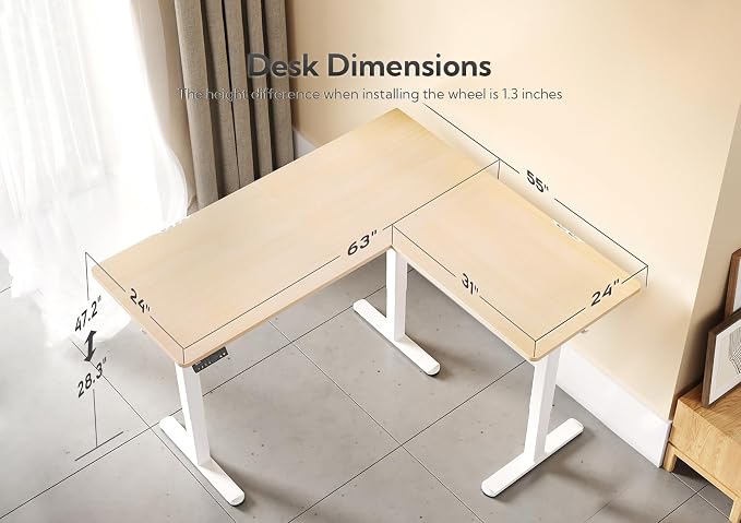 Claiks L Shaped Standing Desk Dual Motor 63x55in Adjustable Height Natural | Height 28.5-47.2 inch, 220lbs capacity, sturdy steel frame, splice board included, ideal for home office corner