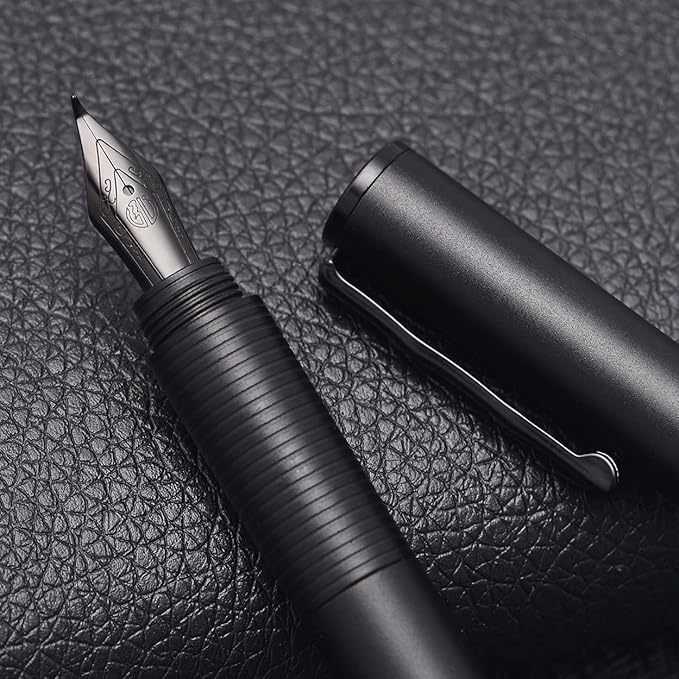 Hongdian H3 Fountain Pen Titanium Black Bent Nib with Bamboo Pen Clip, Black Aluminum Alloy Writing Pen