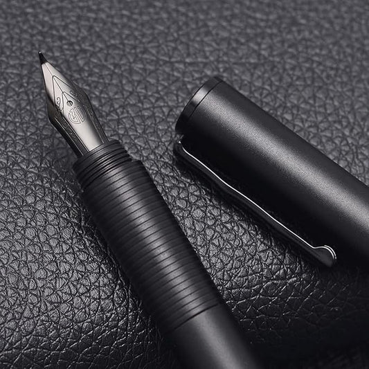 Hongdian H3 Fountain Pen Titanium Black Bent Nib with Bamboo Pen Clip, Black Aluminum Alloy Writing Pen