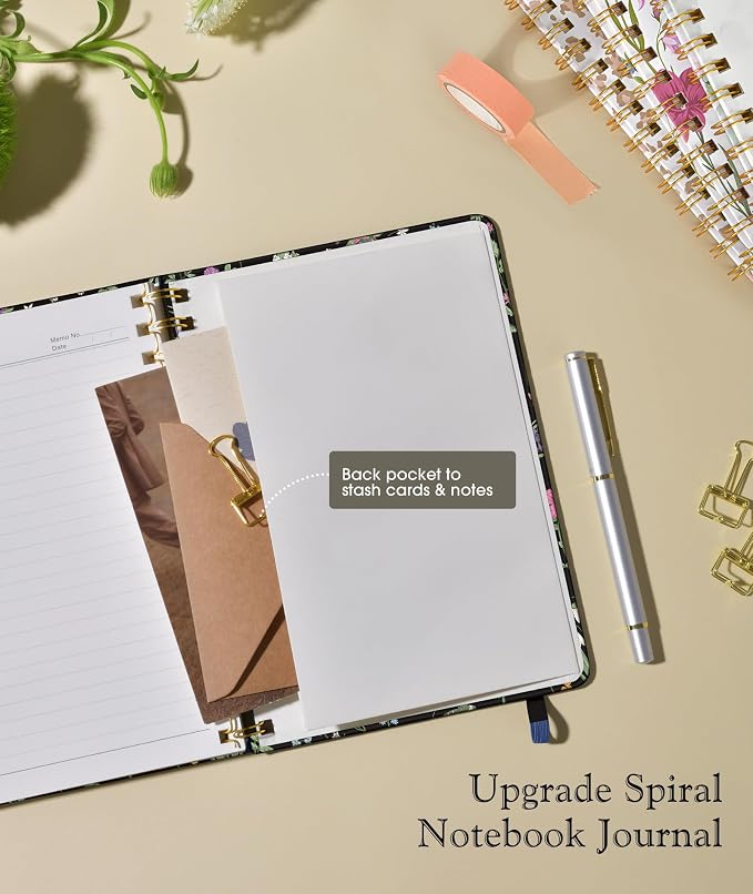 Lined Spiral Journal Notebook for Women, A5 Cute Hardcover Spiral Journals for Work, Note Taking, 150 Numbered Pages 100 GSM College Ruled Spiral Bound Notebook, 5.75" x 8.38", Spring Flowers
