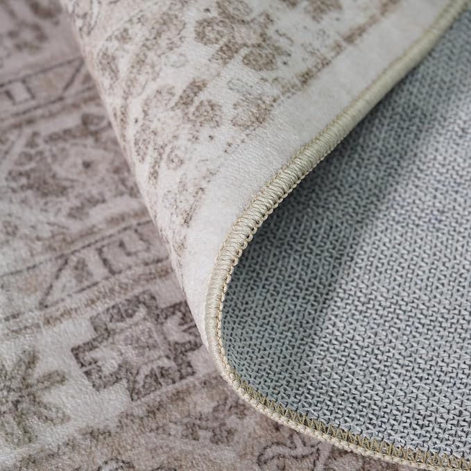 Washable Living Room Area Rug: 9x12 Large Super Soft Vintage Rugs Bedroom Oriental Indoor Rug Water Resistant Ultra Thin Carpet Non-Slip Backing Distressed Rugs for Kitchen (Beige, 9x12)
