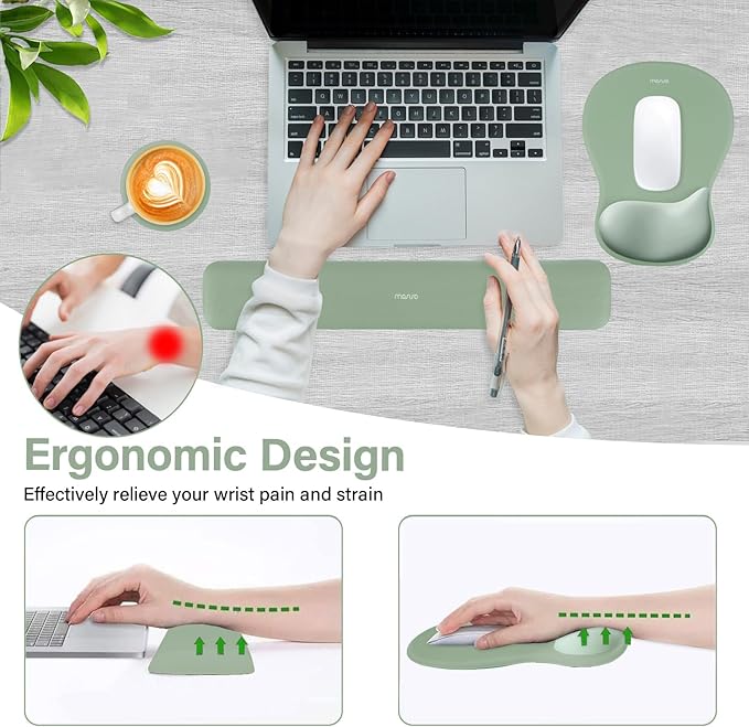 MOSISO Wrist Rest Support for Mouse Pad&Keyboard Set, Ergonomic Mousepad&Coaster, Non-Slip Base Home/Office Rectangular Easy Typing Cushion Pad with Soft Cloth&Curved Concave Memory Foam, Green