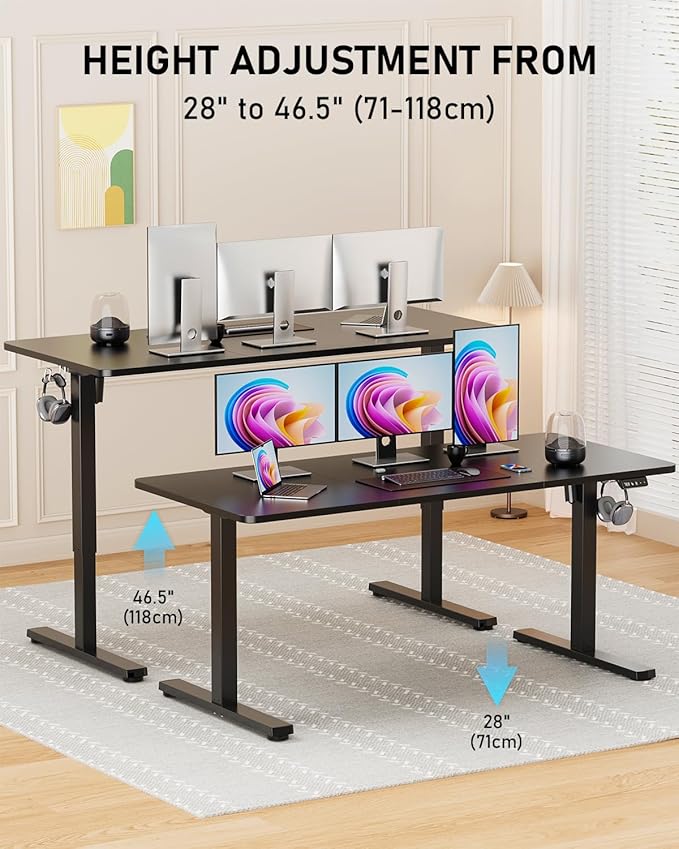 55" Electric Standing Desk Adjustable Height, Sit Stand up Desk for Home Office & Computer Workstation, 2 Memory Height Settings, Splice Board, 2 Hooks, Black Frame/Black Top