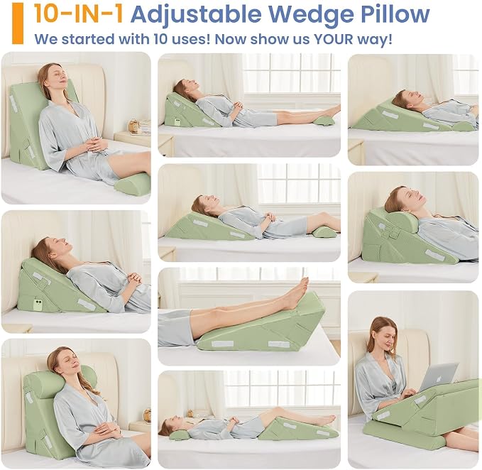 Sasttie Adjustable Wedge Pillow Set for After Surgery, Sage | Bed Wedge Pillow Headboard with Memory Foam Neck Cushion, for Acid Reflux, Sleeping, Neck & Back Support