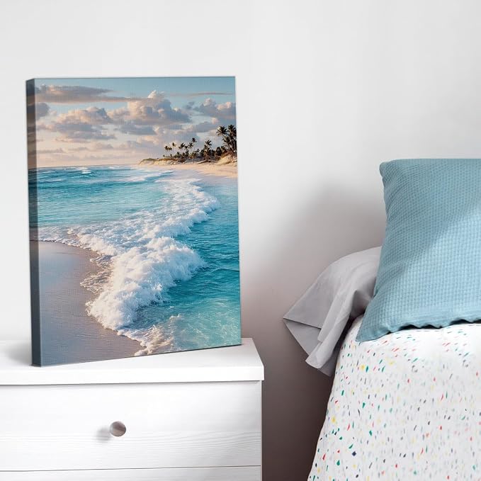 Coastal Ocean Wave Wall Art Decor Seascape Beach Painting Picture Artwork Blue Ocean Aesthetic Wall Decor for Home Beach Room Bedroom 8x10 Canvas Framed