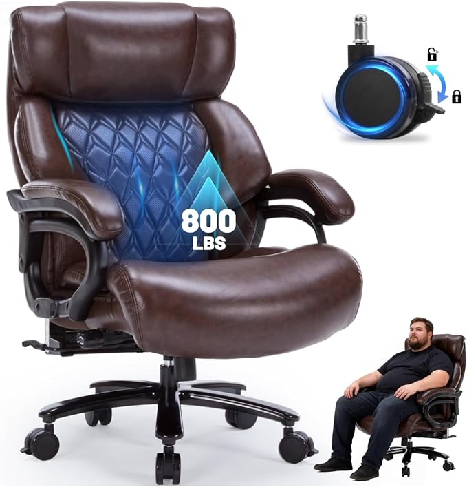 800LBS Heavy Duty Office Chair & Massage Footrest Big & Tall Executive Chair with Adjustable Lumbar Support, PU Leather, Extra Wide Seat for Comfort