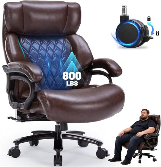 800LBS Heavy Duty Office Chair & Massage Footrest Big & Tall Executive Chair with Adjustable Lumbar Support, PU Leather, Extra Wide Seat for Comfort