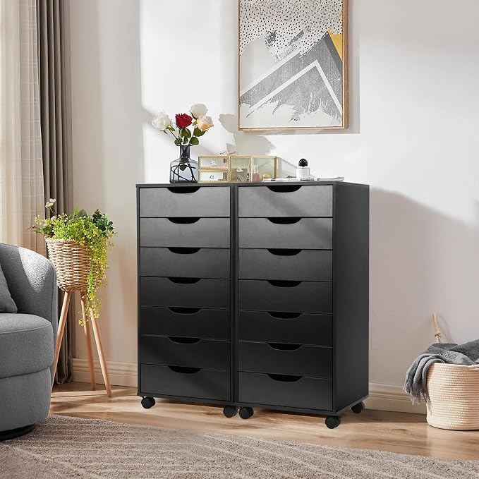 TUSY 7 Drawer File Cabinet with Wheels, Mobile Wood Storage Cabinet for Home Office, Rolling Drawer Organizer for Office Supplies, Printer Stand, Black