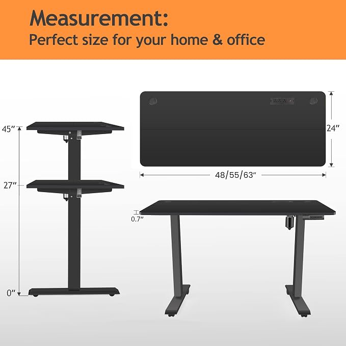 Electric Standing Desk with Wheels, 63'' x 24'' Standing Desk Adjustable Height with Charging Station, 2 USB Ports, 3 Power Outlets, 4 Caster, 27''-46'' Lifting Range Stand up Desk(Black)