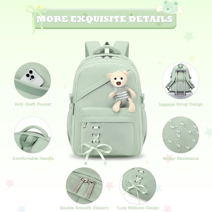ACESAK School Backpack for Girls - 3 PCS Cute Girls Backpack with Lunch Box & Pencil Case - Kawaii Casual Kids Bookbag School Bag Daypacks Set for Elementary Middle High School Student Teens (Green)