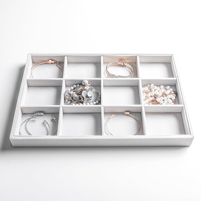 Jewelry Trays for Drawer,Set of 2 Jewelry Organizer and Storage | Velvet Material,Stackable,Adjustable Dividers,Drawer Inserts for Rings Studs Bracelet,Earring Organizer for Women Girls