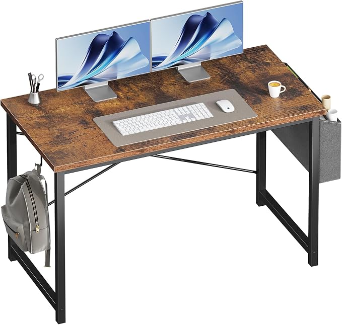 OLIXIS Computer Desk, 47 Inch Home Office Desks for Small Spaces, Writing Craft Study Gaming Table for Bedroom, Modern Computer Workstation with Storage Bag and Headphone Hook, Rustic Brown